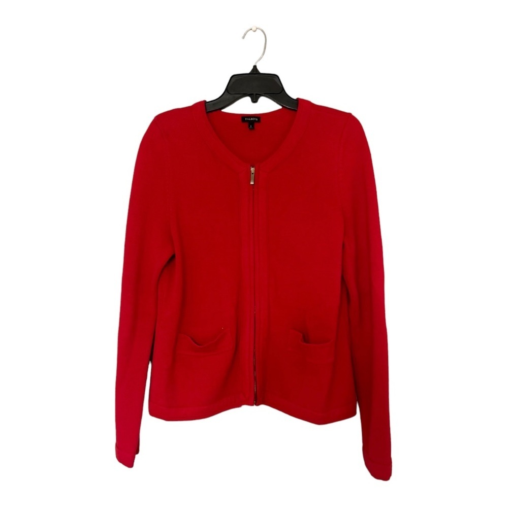Talbots Women’s red zip front heavy sweater Cardigan Pockets Size Large jacket